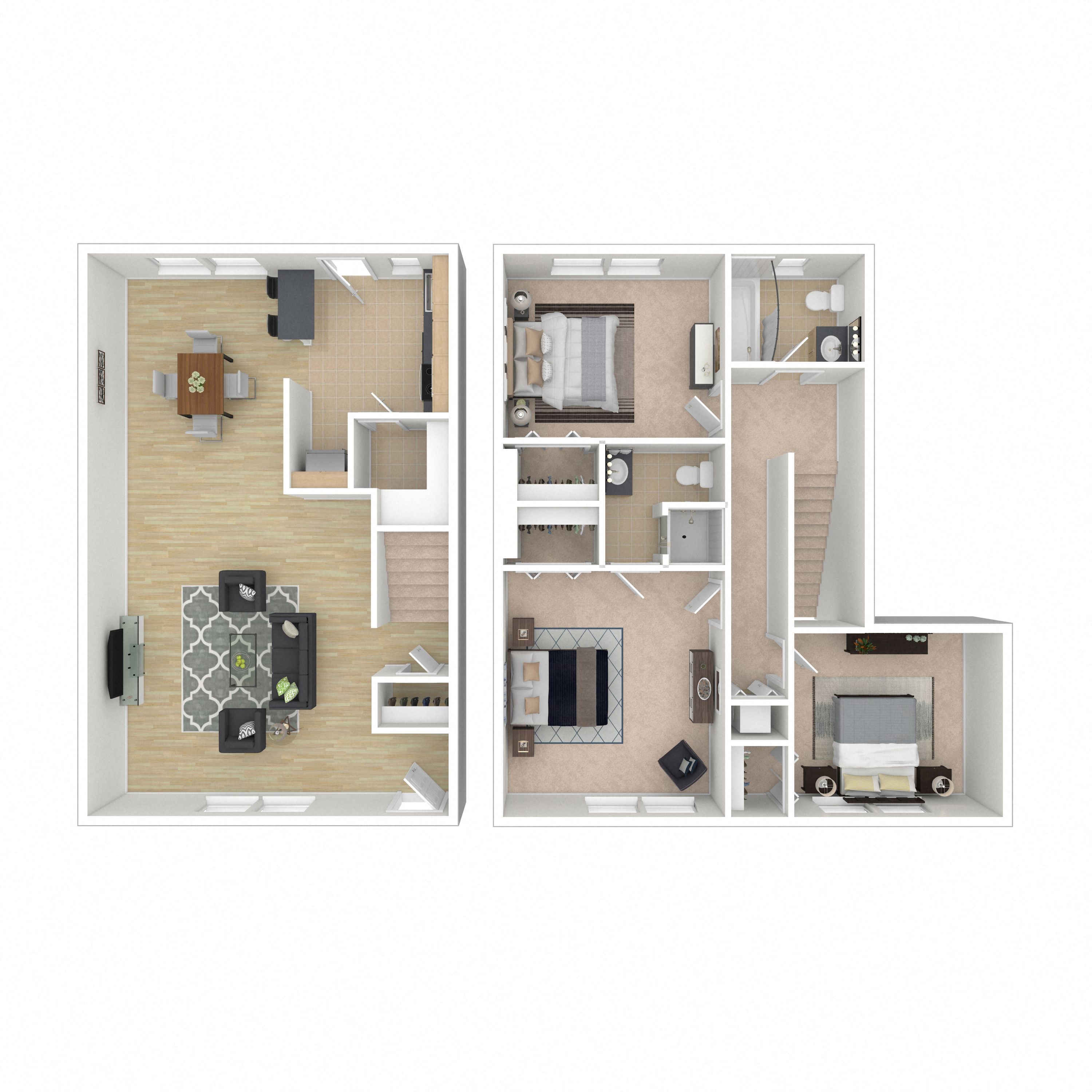 Floor plan for 3 beds, 2 baths, 1037 sqft